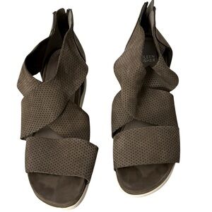 Eileen Fisher Perforated Nubuck Leather Crisscross Platform Sandals 9.5 gray